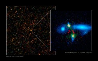 Die Forscher nutzten mehrere Teleskope, um eine seltene und massereiche Verschmelzung zweier Galaxien zu beobachten, die stattfand, als das Universum erst drei Milliarden Jahre alt war. (ESA / NASA / JPL-Caltech / UC Irvine / STScI / Keck / NRAO / SAO)