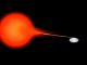 Künstlerische Darstellung des Doppelsternsystems SS Cygni. Der Weiße Zwerg (rechts) zieht Materie von dem normalen roten Zwergstern ab, die sich in einer Akkretionsscheibe sammelt. Ausbrüche finden statt, wenn die Scheibe instabil wird. (Bill Saxton, NRAO / AUI / NSF)