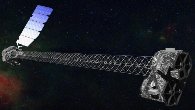 Künstlerische Darstellung des NuSTAR-Satelliten im Orbit. NuSTAR besitzt einen ausfahrbaren, zehn Meter langen Mast, um die Optikmodule (rechts) von den Detektoren (links) zu trennen. (NASA / JPL-Caltech) Künstlerische Darstellung des NuSTAR-Satelliten im Orbit. NuSTAR besitzt einen ausfahrbaren, zehn Meter langen Mast, um die Optikmodule (rechts) von den Detektoren (links) zu trennen. (NASA / JPL-Caltech)