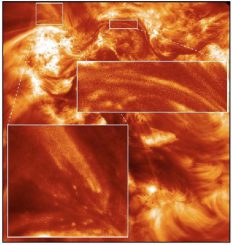 Hi-C-Aufnahme einer aktiven, magnetisch komplexen Region auf der Sonne. Sie zeigt Plasma in der äußeren Sonnenatmosphäre, das ein bis zwei Millionen Grad Celsius heiß ist. Das Bild unten links zeigt das beobachtete Funkeln. (NASA MSFC and UCLan)