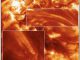 Hi-C-Aufnahme einer aktiven, magnetisch komplexen Region auf der Sonne. Sie zeigt Plasma in der äußeren Sonnenatmosphäre, das ein bis zwei Millionen Grad Celsius heiß ist. Das Bild unten links zeigt das beobachtete Funkeln. (NASA MSFC and UCLan)