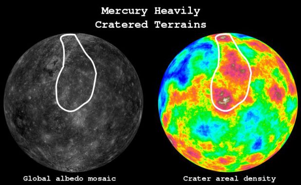 Die Grafik zeigt ein Bild von Merkur, das aus Mosaik-Bildern der MESSENGER-Sonde erstellt wurde (links). Rechts ist eine farbcodierte Ansicht, auf der Krater mit Durchmessern von mehr als 25 Kilometern hervorgehoben wurden. Die weiß umrandete Region entspricht den kraterreichen Gebieten, die man im Rahmen dieser Studie untersucht hat. (Image courtesy of Johns Hopkins APL)