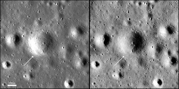 Das Gebiet um den Surveyor-Krater, aufgenommen vom Lunar Reconnaissance Orbiter (LRO) (links) und vom Lunar Orbiter 3 (rechts). (NASA / Goddard / Arizona State University)