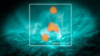 Daten zweier NASA-Satelliten bestätigen die direkte Beobachtung einer magnetischen Rekonnexion auf der Sonne. Das blaugrüne Bild stammt vom Solar Dynamics Observatory (SDO), die Daten des Reuven Ramaty High Energy Solar Spectroscopic Imager (RHESSI) sind orange gekennzeichnet. (NASA / SDO / RHESSI / Goddard)