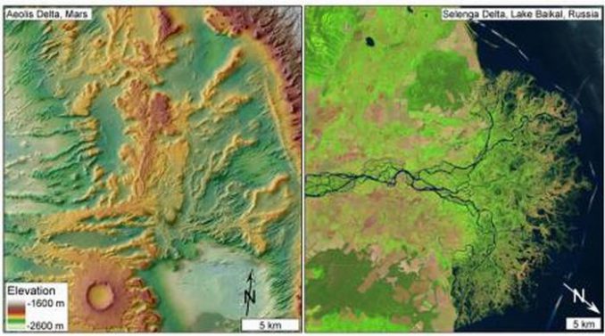 Vergleich des untersuchten Deltas in Sedimentgesteinen auf dem Mars (links) mit einem heutigen Delta auf der Erde (rechts). Die langen, verästelten Hangstrukturen auf dem linken Bild werden als invertierte Kanalablagerungen eines frühzeitlichen Deltas interpretiert. (DiBiase et al. / Journal of Geophysical Research / 2013 and USGS / NASA Landsat)