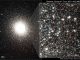 Das linke Bild zeigt den Kugelsternhaufen 47 Tucanae in seiner Gesamtheit. Auf dem rechten Bild sind tausende Einzelsterne innerhalb des Kugelsternhaufens zu erkennen. (NASA, ESA, Digitized Sky Survey (DSS; STScI / AURA / UKSTU / AAO), H. Richer and J. Heyl (University of British Columbia), and J. Anderson and J. Kalirai (STScI))