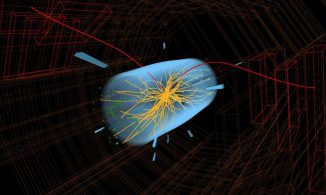 Grafische Rekonstruktion von Protonenkollisionen im CMS-Detektor, bei denen ein B-sub-s-Teilchen entsteht, welches in zwei Myonen (rote Linien) zerfällt. (Image: CMS)