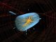 Grafische Rekonstruktion von Protonenkollisionen im CMS-Detektor, bei denen ein B-sub-s-Teilchen entsteht, welches in zwei Myonen (rote Linien) zerfällt. (Image: CMS)