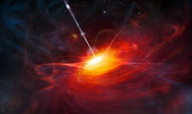 Künstlerische Darstellung des Quasars ULAS J1120+0641. Die Masse des Schwarzen Lochs in seinem Zentrum entspricht circa zwei Milliarden Sonnenmassen und sein Licht war 12,9 Milliarden Jahre unterwegs, um uns zu erreichen. Es ist mit Abstand das hellste Objekt, das bislang im entfernten Universum entdeckt wurde. (ESO / M. Kornmesser)