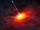 Künstlerische Darstellung des Quasars ULAS J1120+0641. Die Masse des Schwarzen Lochs in seinem Zentrum entspricht circa zwei Milliarden Sonnenmassen und sein Licht war 12,9 Milliarden Jahre unterwegs, um uns zu erreichen. Es ist mit Abstand das hellste Objekt, das bislang im entfernten Universum entdeckt wurde. (ESO / M. Kornmesser)