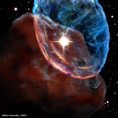 Illustration der Ausbreitung von Schockwellen des Supernova-Überrests W44 in der benachbarten Riesenmolekülwolke. (Image courtesy of Keio University / National Astronomy Observatory of Japan)