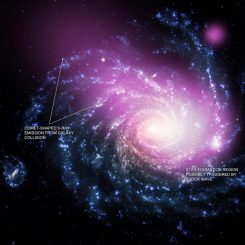 Dieses Bild zeigt Chandra-Daten in Violett und optische Daten des Very Large Telescope in bläulichen und weißlichen Farbtönen. Die kometenförmige Gestalt der Röntgenemissionen ist erkennbar. (X-ray: NASA / CXC / Huntingdon Inst. for X-ray Astronomy / G. Garmire, Optical: ESO / VLT)