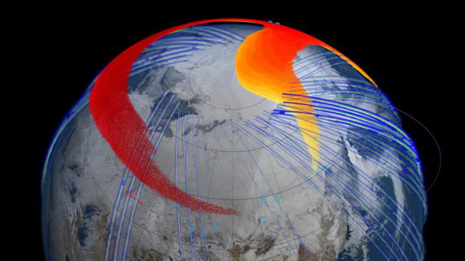 Die Ausbreitung der Staubwolke des Tscheljabinsk-Meteoroiden auf der Nordhalbkugel. (NASA Goddards Scientific Visualization Studio)