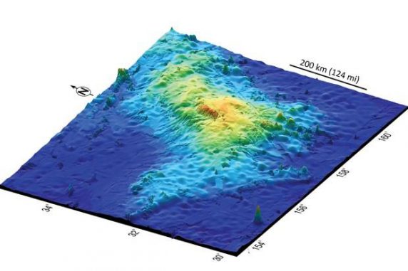 3D-Ansicht des 1.600 Kilometer östlich von Japan gelegenen Tamu-Massivs, dem größten Einzelvulkan der Erde. (William Sager / University of Houston)