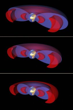 Diese drei Grafiken zeigen, wie sich die relativen Positionen der äußeren Grenze der Plasmasphäre (die Plasmapause, blau) und der Van-Allen-Gürtel (rot) in Abhängigkeit von den geomagnetischen Bedingungen verändern. (Copyright: ESA - C. Carreau) Diese drei Grafiken zeigen, wie sich die relativen Positionen der äußeren Grenze der Plasmasphäre (die Plasmapause, blau) und der Van-Allen-Gürtel (rot) in Abhängigkeit von den geomagnetischen Bedingungen verändern. (Copyright: ESA - C. Carreau)