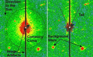 Die Koma und der Schweif von Don Quixote (links), aufgenommen in infraroten Wellenlängen mit dem Spitzer Space Telescope. Nach der Bildbearbeitung (rechts) ist der Schweif besser erkennbar.(Image courtesy NASA / JPL-Caltech / DLR / NAU)