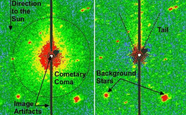 Die Koma und der Schweif von Don Quixote (links), aufgenommen in infraroten Wellenlängen mit dem Spitzer Space Telescope. Nach der Bildbearbeitung (rechts) ist der Schweif besser erkennbar.(Image courtesy NASA / JPL-Caltech / DLR / NAU) Die Koma und der Schweif von Don Quixote (links), aufgenommen in infraroten Wellenlängen mit dem Spitzer Space Telescope. Nach der Bildbearbeitung (rechts) ist der Schweif besser erkennbar.(Image courtesy NASA / JPL-Caltech / DLR / NAU)