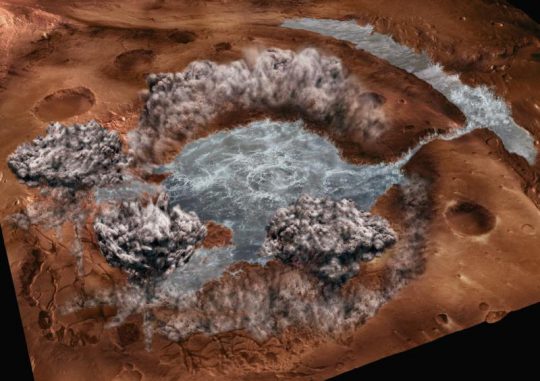 Diese künstlerische Darstellung zeigt den Kollaps des Aram-Kraters auf dem Mars. Im rechten Teil ist das Tal erkennbar, das die Wassermassen schufen. (Faculty of Geosciences, Utrecht University) Diese künstlerische Darstellung zeigt den Kollaps des Aram-Kraters auf dem Mars. Im rechten Teil ist das Tal erkennbar, das die Wassermassen schufen. (Faculty of Geosciences, Utrecht University)