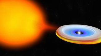 Diese Illustration zeigt den Neutronenstern und seinen Begleiter während einer Akkretionsphase, in der der Neutronenstern starke Röntgenstrahlung emittiert. (Bill Saxton; NRAO / AUI / NSF)