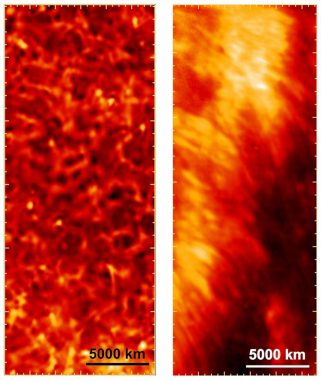 Das rechte Bild ist eine Aufnahme des Sunrise-Teleskops und zeigt eine Region der Chromosphäre in der Nähe zweier Sonnenflecken. Es dient als Nahaufnahme des linken Bildes, das vom Solar Dynamics Observatory (SDO) der NASA gemacht wurde. (NASA / SDO / MPS)