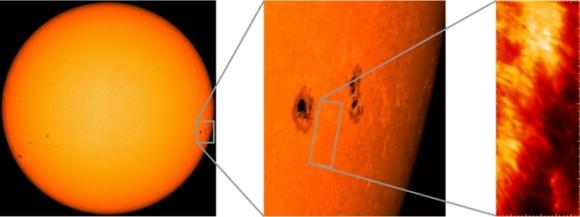 Diese Bilder stammen vom Sunrise-Sonnenteleskop. Links ist ein typisches Muster zu erkennen: dunkle Regionen, die von hellen Rändern umgeben werden. Die Nahaufnahmen zeigen helle, längliche Strukturen an den Rändern der dunkleren Sonnenflecken. (MPS)
