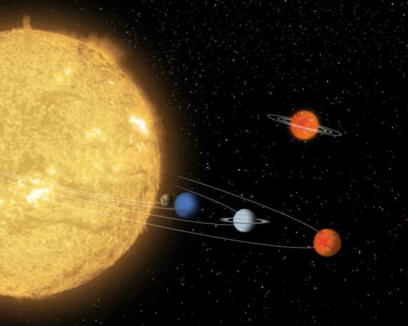 Künstlerische Darstellung des Planetensystems um den Stern 55 Cancri. Rechts im Hintergrund ist das System eines Braunen Zwergs zu sehen, das sich nicht sehr weit entfernt von 55 Cancri befindet. (Illustration: NASA / JPL-Caltech)