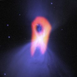 ALMA enthüllt die wahre Gestalt des Bumerangnebels, dem "kältesten Ort im Universum". Die blaue Struktur im Hintergrund (optische Daten des Hubble-Teleskops) zeigt eine klassische, doppellappige Form mit einer sehr schmalen Zentralregion. ALMAs Auflösung und Fähigkeiten, das kalte, molekulare Gas zu registrieren, offenbaren die länglichere Gestalt des Nebels (hier rot dargestellt). (Bill Saxton; NRAO / AUI / NSF; NASA / Hubble; Raghvendra Sahai)