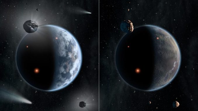 Diese künstlerische Darstellung illustriert das Schicksal zweier unterschiedlicher Planeten: Der Planet links gleicht der Erde und besteht größtenteils aus silikatbasiertem Gestein; Ozeane bedecken seine Oberfläche. Der Planet rechts ist reich an Kohlenstoff - und trocken. Die Wahrscheinlichkeit dafür, dass Leben, wie wir es kennen, unter solch harten Bedingungen gedeihen kann, ist klein. (NASA / JPL-Caltech)