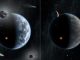 Diese künstlerische Darstellung illustriert das Schicksal zweier unterschiedlicher Planeten: Der Planet links gleicht der Erde und besteht größtenteils aus silikatbasiertem Gestein; Ozeane bedecken seine Oberfläche. Der Planet rechts ist reich an Kohlenstoff - und trocken. Die Wahrscheinlichkeit dafür, dass Leben, wie wir es kennen, unter solch harten Bedingungen gedeihen kann, ist klein. (NASA / JPL-Caltech)