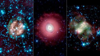 Der Exposed Cranium Nebula (links), der Ghost of Jupiter Nebula (Mitte) und der Little Dumbbell Nebula (rechts). Die Bilder wurden mit dem Spitzer Space Telescope in infraroten Wellenlängen aufgenommen. (NASA / JPL-Caltech / Harvard-Smithsonian CfA)