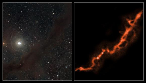 Derselbe Ausschnitt der Taurus-Molekülwolke im sichtbaren Wellenlängenbereich (links) und im Millimeterbereich (rechts). (ESO / APEX (MPIfR / ESO / OSO) / A. Hacar et al. / Digitized Sky Survey 2. Acknowledgment: Davide De Martin)