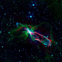 Das Herbig-Haro-Objekt HH 46/47. Das Bild basiert auf Daten, die mit dem Spitzer Space Teleskop und dem Atacama Large Millimeter/ submillimeter Array (ALMA) gesammelt wurden. NASA / JPL-Caltech / ALMA)
