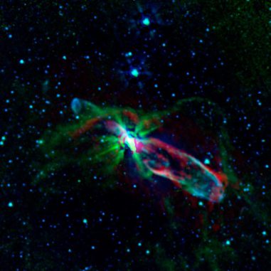 Das Herbig-Haro-Objekt HH 46/47. Das Bild basiert auf Daten, die mit dem Spitzer Space Teleskop und dem Atacama Large Millimeter/ submillimeter Array (ALMA) gesammelt wurden. NASA / JPL-Caltech / ALMA)