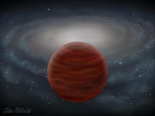 Das Bild zeigt die künstlerische Darstellung eines Braunen Zwergs aus der dicken Scheibe oder dem Halo. Die Scheibe der Milchstraßen-Galaxie ist im Hintergrund zu sehen. Obwohl Braune Zwerge in der Nähe des Sonnensystems beobachtet werden, sind viele weit von dem am dichtesten bevölkerten Teil der Galaxie entfernt. (John Pinfield) Das Bild zeigt die künstlerische Darstellung eines Braunen Zwergs aus der dicken Scheibe oder dem Halo. Die Scheibe der Milchstraßen-Galaxie ist im Hintergrund zu sehen. Obwohl Braune Zwerge in der Nähe des Sonnensystems beobachtet werden, sind viele weit von dem am dichtesten bevölkerten Teil der Galaxie entfernt. (John Pinfield)