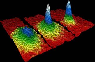 Computerdarstellung eines Bose-Einstein-Kondensats. Die Atom-Cluster werden bis auf einige Nanokelvin über dem absoluten Nullpunkt heruntergekühlt und zeigen dann bemerkenswerte Eigenschaften. (Institute of Physics)