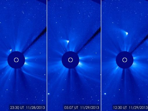 Auf diesen Bildern des Solar and Heliospheric Observatory (SOHO) erscheint der Komet ISON als heller Fleck, der sich oberhalb der Sonne von ihr entfernt. Die Sonne selbst wurde aufgrund ihrer Helligkeit abgedunkelt. Der weiße Kreis markiert ihre Position. (ESA / NASA / SOHO / GSFC)