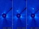 Auf diesen Bildern des Solar and Heliospheric Observatory (SOHO) erscheint der Komet ISON als heller Fleck, der sich oberhalb der Sonne von ihr entfernt. Die Sonne selbst wurde aufgrund ihrer Helligkeit abgedunkelt. Der weiße Kreis markiert ihre Position. (ESA / NASA / SOHO / GSFC)
