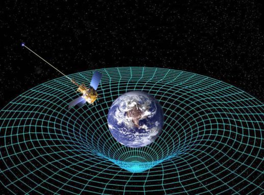 Künstlerische Darstellung des Satelliten Gravity Probe B in der Erdumlaufbahn. Die Raumzeit ist in der Nähe des Planeten nicht flach, sondern gekrümmt. Manche Modelle zur mathematischen Beschreibung der Raumzeit lassen Spielraum für Interpretationen über die Möglichkeit von Zeitreisen. (NASA)