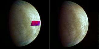 Dieses Bild zeigt den ersten Nachweis von tonähnlichen Mineralen auf dem Jupitermond Europa. Es basiert auf Daten der Galileo-Mission. (NASA / JPL-Caltech / SETI)