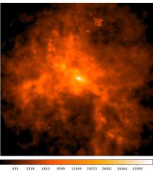 Dieses Bild des Submillimeter Array kartiert die berechnete Dichte des molekularen Gases in den zentralen 30 Lichtjahren der Sternentstehungsregion W49A. Hellere Farben markieren dichtere Regionen. Die hellste Region in der Bildmitte ist weniger als drei Lichtjahre groß und enthält dennoch etwa 50.000 Sonnenmassen an molekularem Gas. (Roberto Galván-Madrid (ESO), Hauyu Baobab Liu (ASIAA, Taiwan), Tzu-Cheng Peng (ESO))