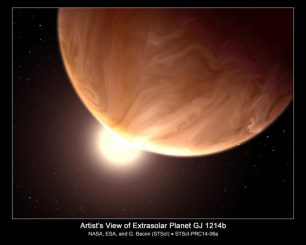 Künstlerische Darstellung der Supererde GJ 1214b. Spektroskopische Beobachtungen mit dem Hubble Space Telescope liefern Hinweise auf hoch liegende Wolken. Sie verdecken die darunter liegenden Schichten. Die Zusammensetzung der Wolken ist unbekannt. (NASA, ESA, and G. Bacon, STScI)