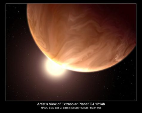 Künstlerische Darstellung der Supererde GJ 1214b. Spektroskopische Beobachtungen mit dem Hubble Space Telescope liefern Hinweise auf hoch liegende Wolken. Sie verdecken die darunter liegenden Schichten. Die Zusammensetzung der Wolken ist unbekannt. (NASA, ESA, and G. Bacon, STScI)