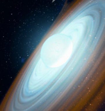 Illustration des extrem schnell rotierenden Be-Sterns MWC 656, der sich zusammen mit einem stellaren Schwarzen Loch als Begleiter etwa 8.500 Lichtjahre von der Erde entfernt im Sternbild Eidechse befindet. (Gabriel Pérez - SMM (IAC))