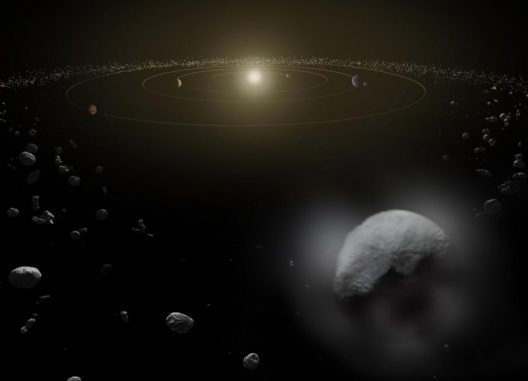 Illustration des Zwergplaneten Ceres im Asteroidengürtel zwischen Mars und Jupiter. Herschel konnte das Vorhandensein von Wasserdampf eindeutig nachweisen. (ESA / ATG medialab)