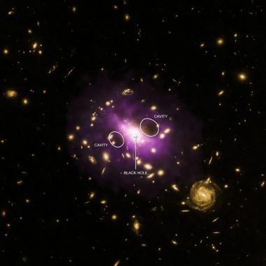 Der Galaxienhaufen RX J1532.9+3021. Violette Farbtöne kennzeichnen das Vorhandensein von heißem Gas, basierend auf Daten des Chandra X-ray Observatory. Optische Daten des Hubble Space Telescope werden in gelb dargestellt. (X-ray: NASA / CXC / Stanford / J. Hlavacek-Larrondo et al, Optical: NASA / ESA / STScI / M. Postman & CLASH Team)