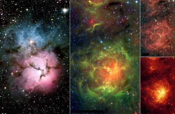 Unterschiedliche Ansichten des Trifidnebels. Links eine optische Aufnahme, die übrigen Bilder stammen vom Weltraumteleskop Spitzer und wurden in infraroten Wellenlängen gemacht. (NASA / JPL-Caltech / NOAO) Unterschiedliche Ansichten des Trifidnebels. Links eine optische Aufnahme, die übrigen Bilder stammen vom Weltraumteleskop Spitzer und wurden in infraroten Wellenlängen gemacht. (NASA / JPL-Caltech / NOAO)