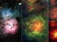 Unterschiedliche Ansichten des Trifidnebels. Links eine optische Aufnahme, die übrigen Bilder stammen vom Weltraumteleskop Spitzer und wurden in infraroten Wellenlängen gemacht. (NASA / JPL-Caltech / NOAO)