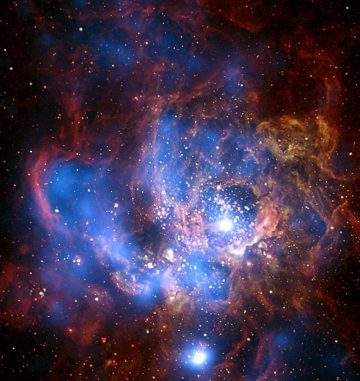 Die sternbildende Galaxie NGC 694 in optischen und Röntgenwellenlängen (blau). Die Röntgenemission stammt größtenteils von Prozessen, die mit der Sternentstehungsaktivität in Zusammenhang stehen. (X-ray: NASA / CXC / CfA / R. Tuellmann et al.; Optical: NASA / AURA / STScI) Die sternbildende Galaxie NGC 694 in optischen und Röntgenwellenlängen (blau). Die Röntgenemission stammt größtenteils von Prozessen, die mit der Sternentstehungsaktivität in Zusammenhang stehen. (X-ray: NASA / CXC / CfA / R. Tuellmann et al.; Optical: NASA / AURA / STScI)