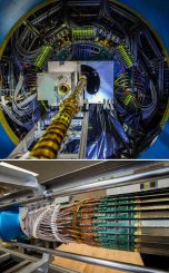 Oben: Der zentrale Teil des Heavy Flavor Tracker (HFT) am STAR-Detektor des Relativistic Heavy Ion Collider. Unten: Der umgebende Teil vor der Installation. Der HFT wird Spuren von Teilchen verfolgen, die aus Charm- und Beauty-Quarks bestehen. Diese Quarks sind schwerer als die Up- und Down-Quarks, aus denen gewöhnliche Materie besteht. (Courtesy Brookhaven National Laboratory)