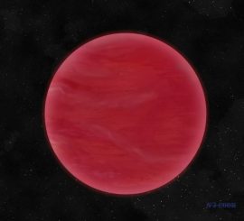 Künstlerische Darstellung von ULAS J222711-004547. Dieser neu entdeckte Braune Zwerg besitzt eine ungewöhnlich dicke Wolkenschicht aus Mineralstaub. Die Wolken verleihen ihm seine extrem rote Farbe, die ihn von normalen Braunen Zwergen unterscheidet. (Neil J Cook, Centre for Astrophysics Research, University of Hertfordshire)